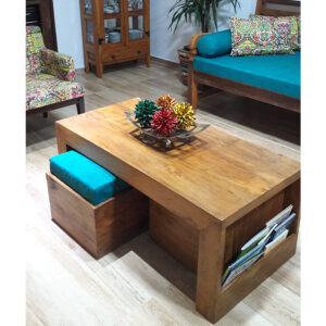 Mesa De Centro Com Puff E Revisteiro Em Madeira RÚstico De DemoliÇÃo